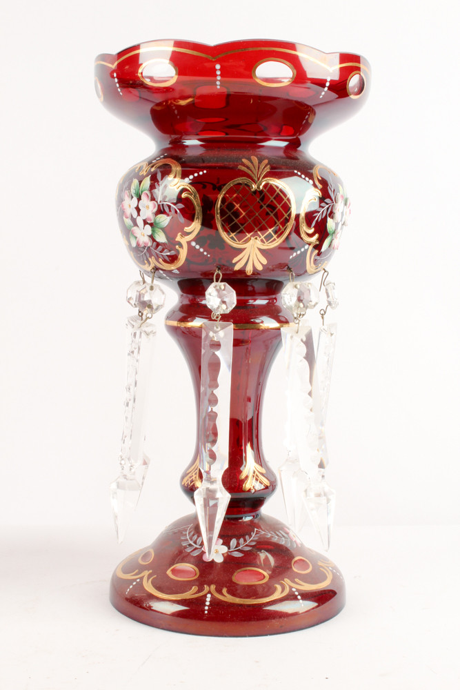 Antique Hand-Painted Bohemian Glass Mantel Lusters