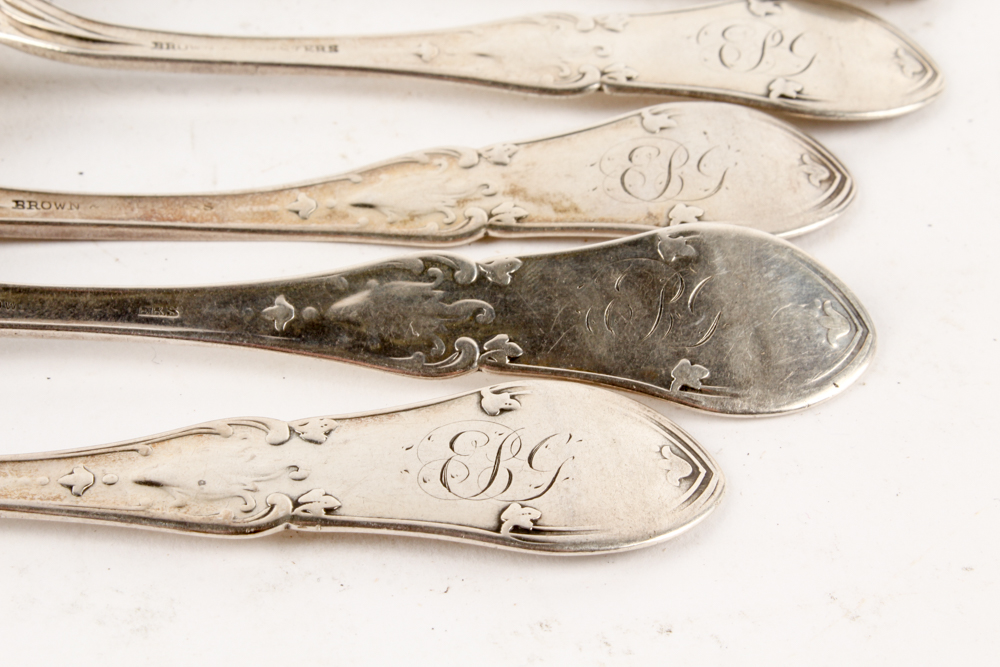 19th Century Brown & Marsters Coin Silver Foliate Handle Teaspoons