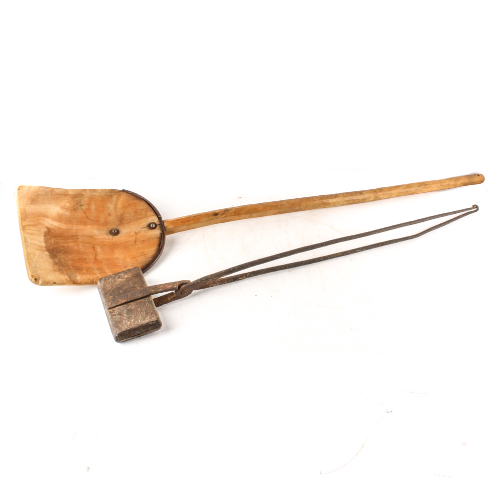 Antique Baker's Peel and Cast Iron Hearth Waffle Iron