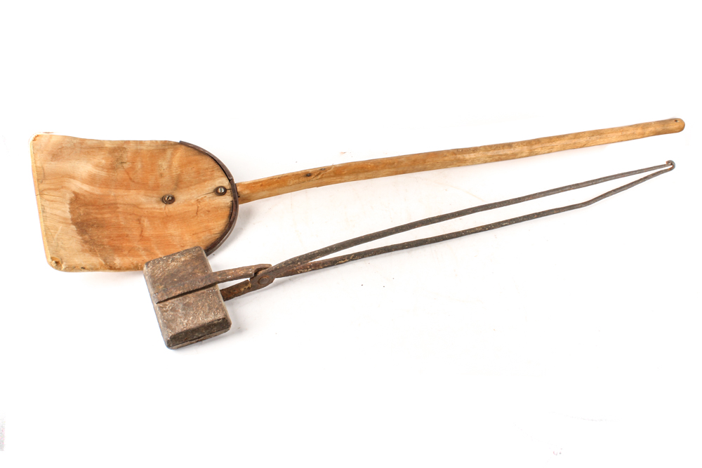 Antique Baker's Peel and Cast Iron Hearth Waffle Iron