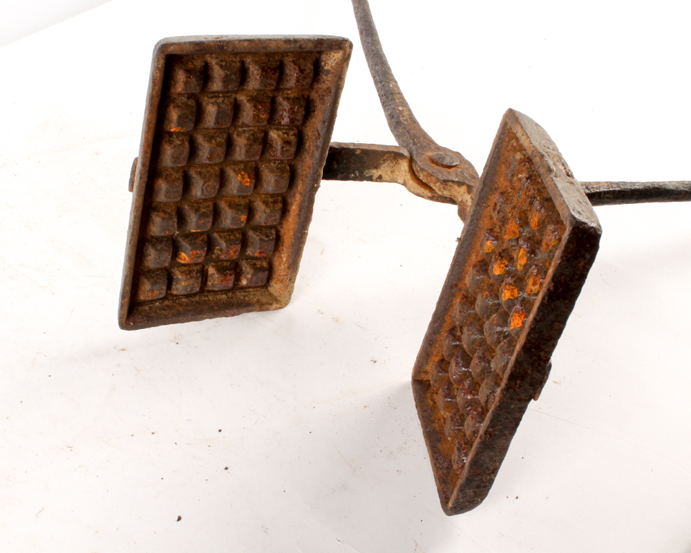 Antique Baker's Peel and Cast Iron Hearth Waffle Iron