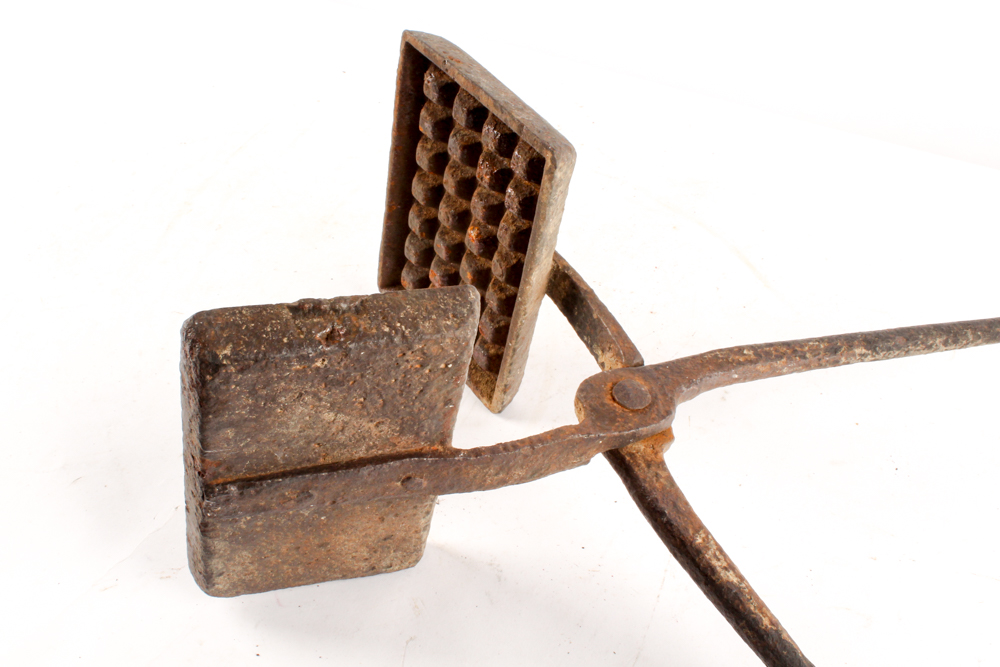Antique Baker's Peel and Cast Iron Hearth Waffle Iron