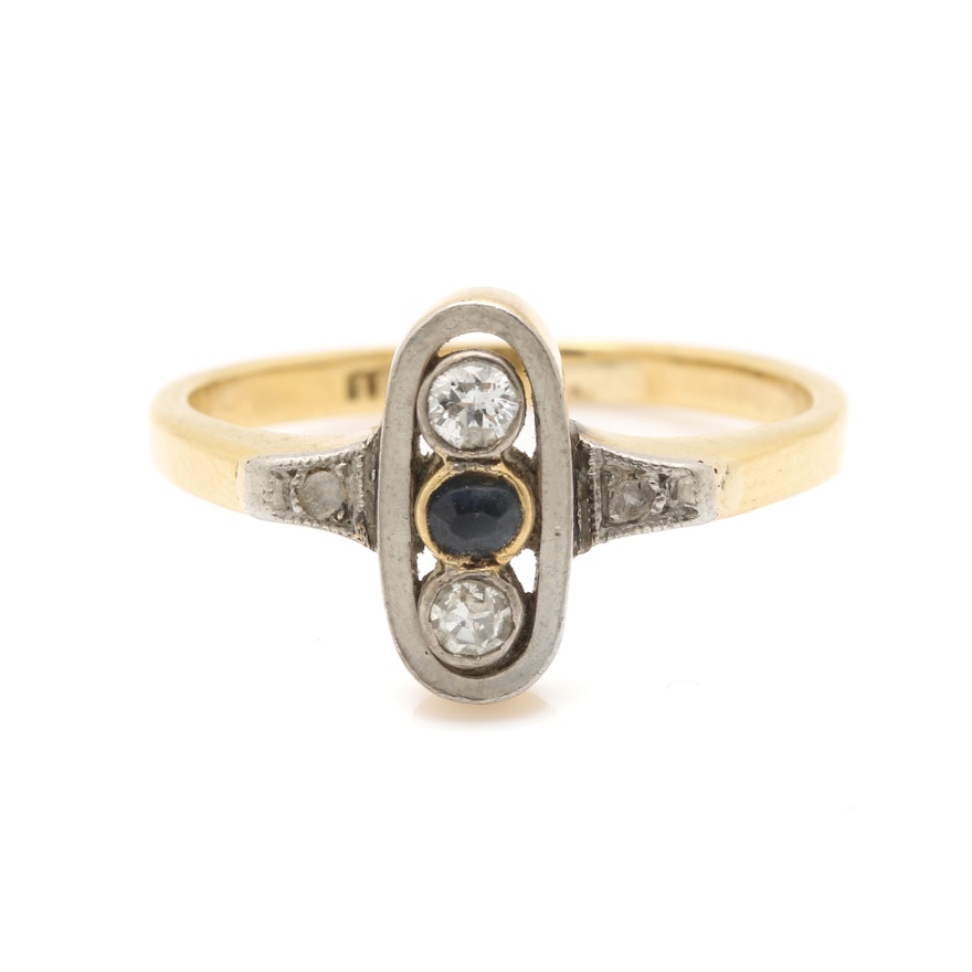 18K Yellow Gold Diamond and Blue Sapphire Ring