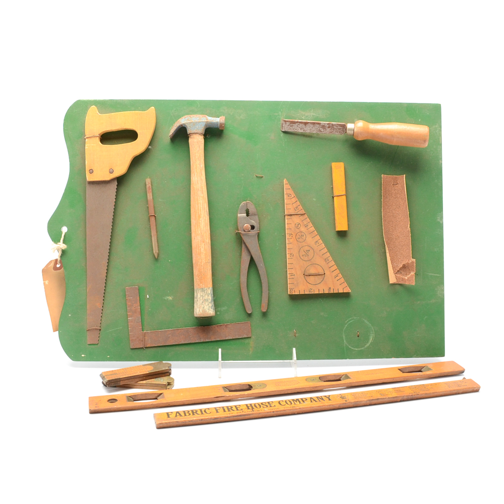 Collection of Vintage Wooden Rulers and Tool Chest Display