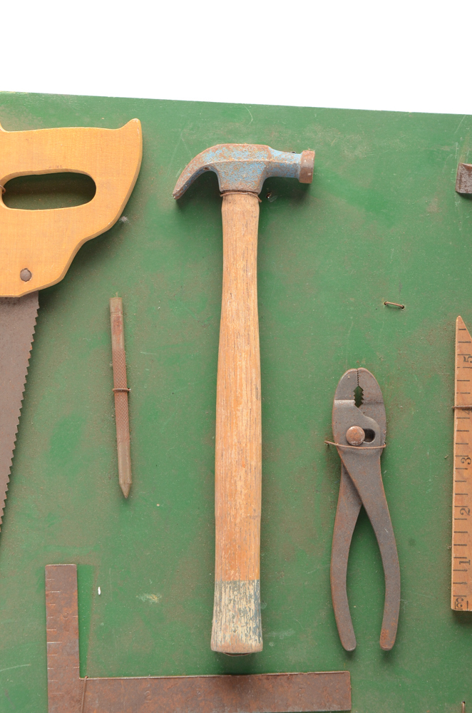 Collection of Vintage Wooden Rulers and Tool Chest Display