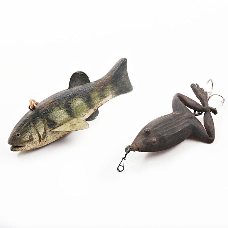 Vintage Rubber Fishing Lure and Painted Wooden Decoy