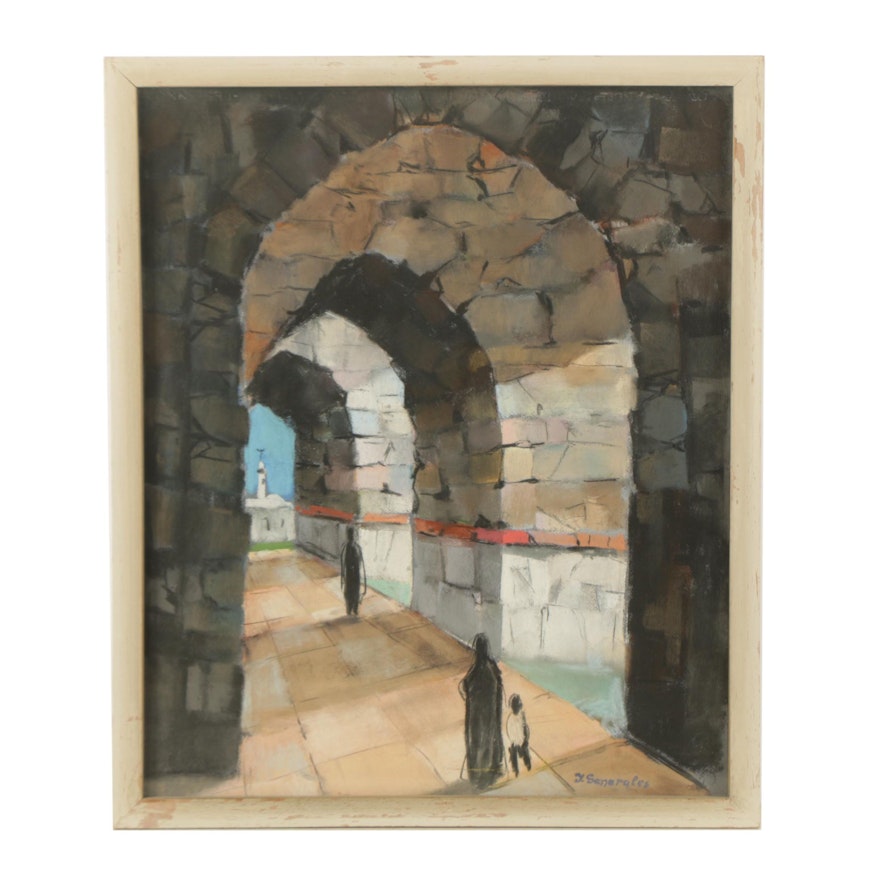 J. Generales Pastel Drawing on Paper of Figures in Arched Passageway