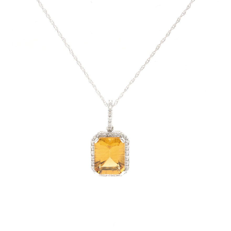10K White Gold Diamond and Citrine Pendant Necklace