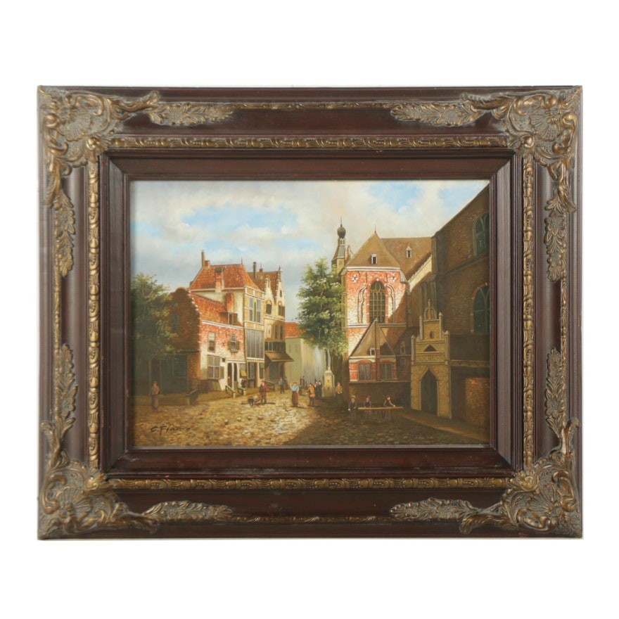 C. Franco Oil Painting on Panel of European Village Scene
