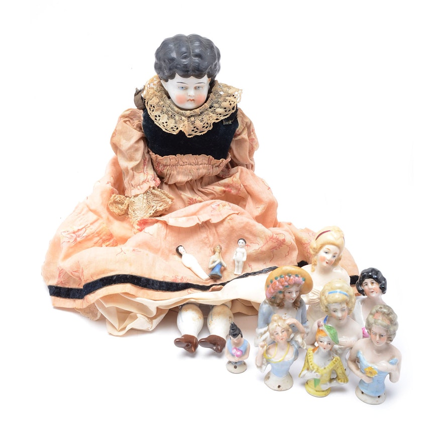 Group of Antique Porcelain Half Dolls and China Head Doll