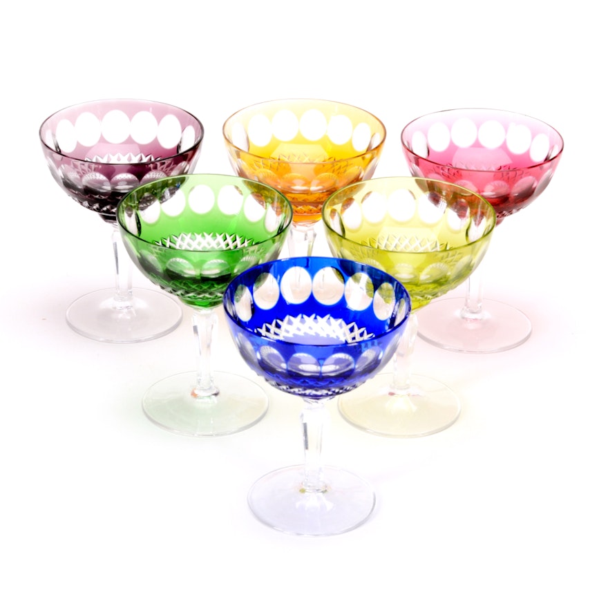 Collection of Colored Cased Cut to Clear Champagne Coupes