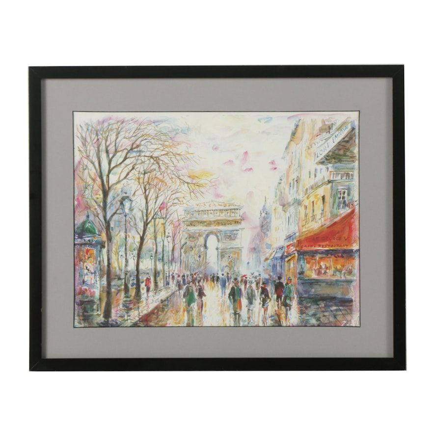 Embellished Offset Lithograph on Paper Parisian Street Scene