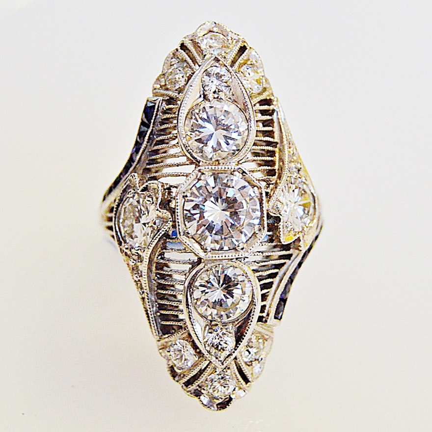 Vintage Platinum, Diamond, CZ and Sapphire Ring