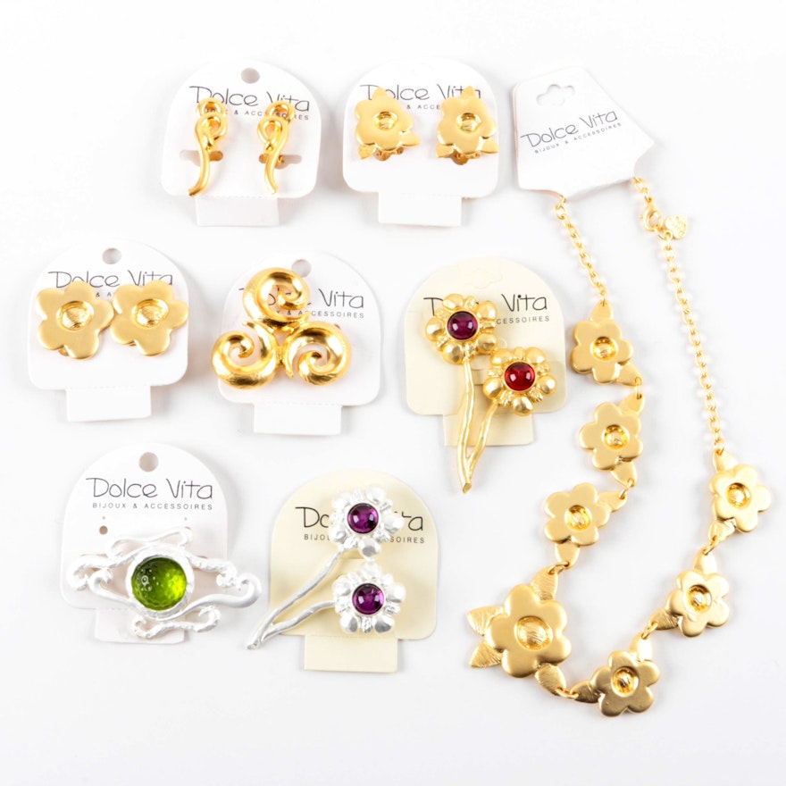 Selection of Dolce Vita Gold and Silver Tone Necklace, Earrings and Brooches