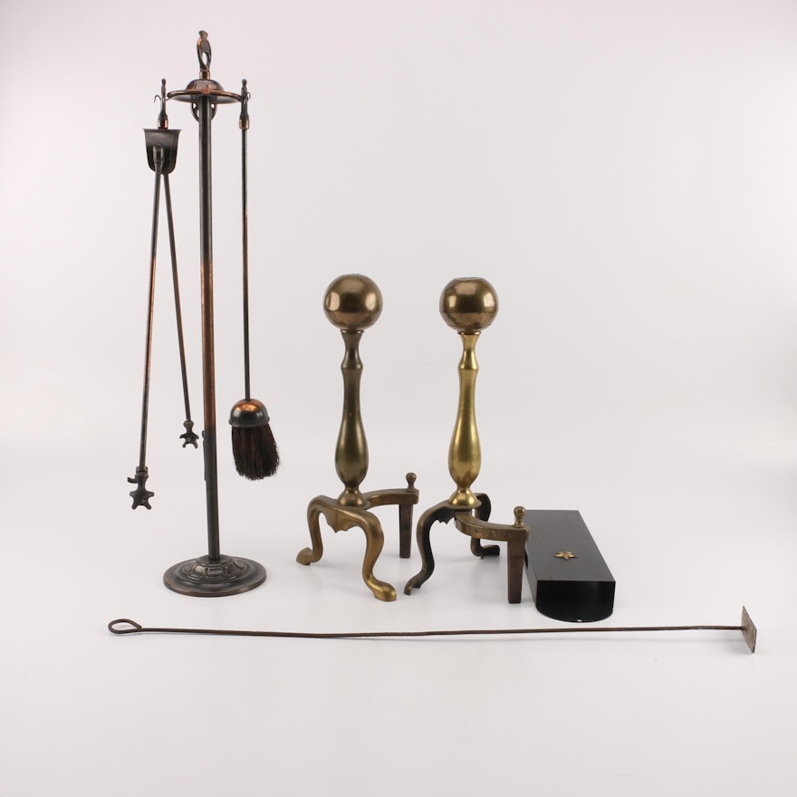 Fireplace Tools with Brass Andirons and Match Box