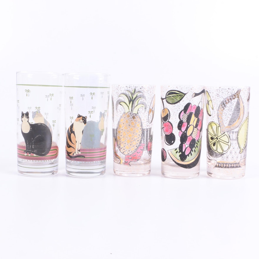 Cat and Fruit Patterned Glass Tumblers
