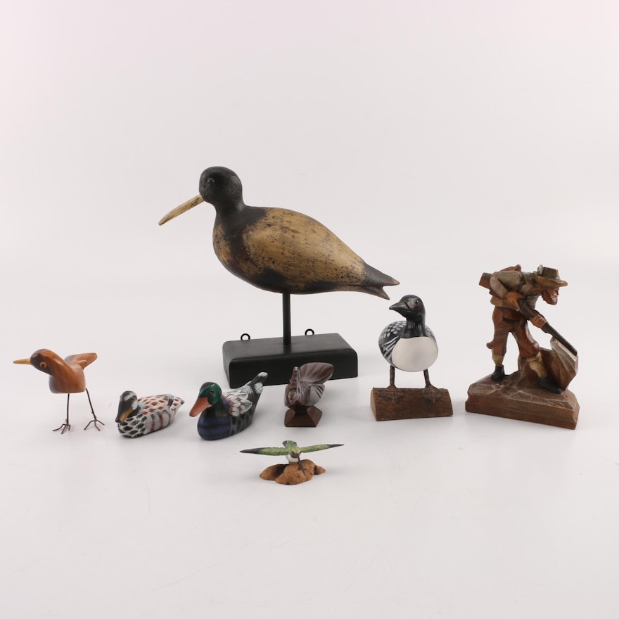 Carved Wooden Birds with a Hunter Figurine