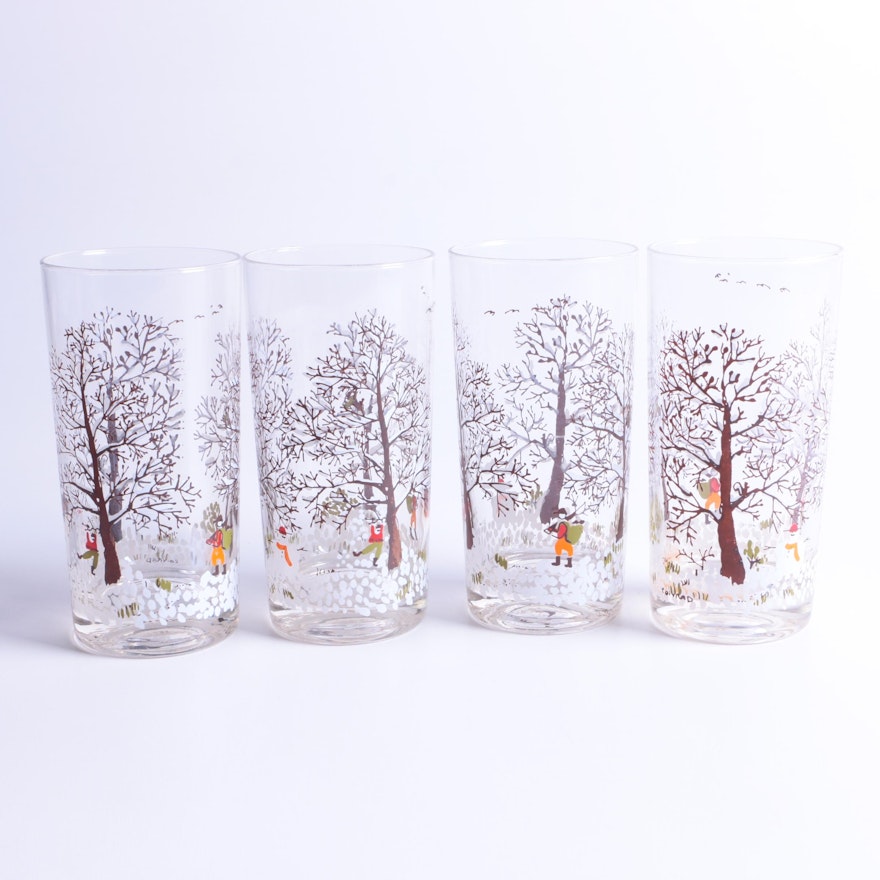 Four Winter Themed Painted Glass Tumblers