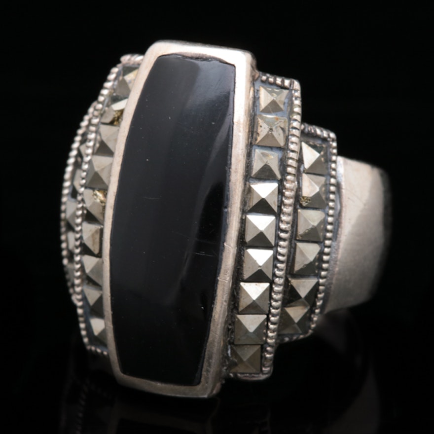 Sterling Silver, Black Chalcedony and Marcasite Ring