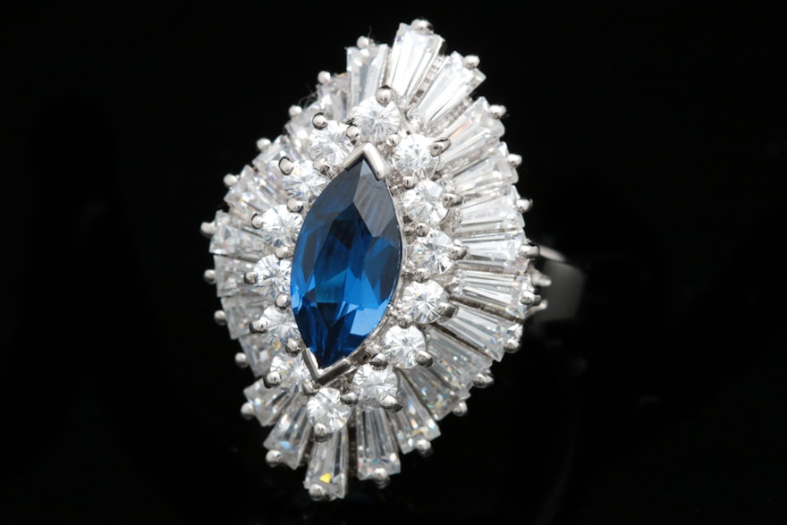 Sterling Silver, Blue Glass and Cubic Zirconia Cocktail Ring