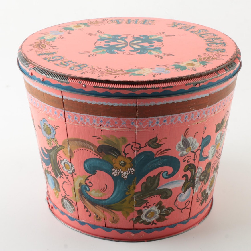 Vintage Folk Art Hand Painted 1958 Dutch Family Lidded Bucket