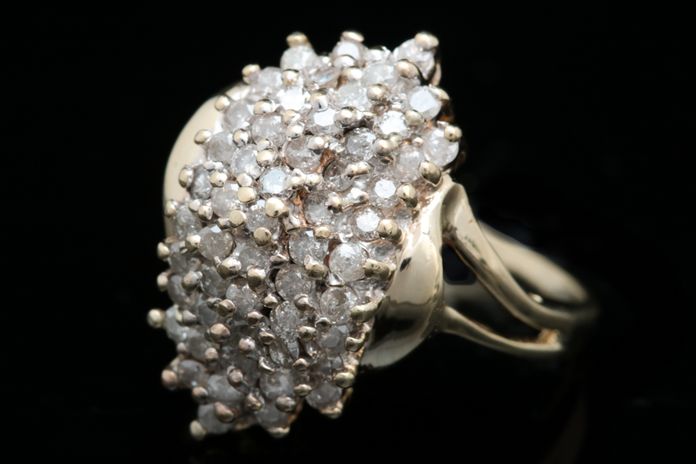 14K Yellow Gold and 1.00 CTW Diamond Waterfall Cluster Ring