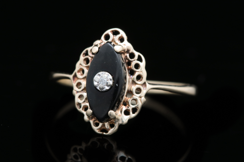 10K Yellow Gold, Onyx and Diamond Ring