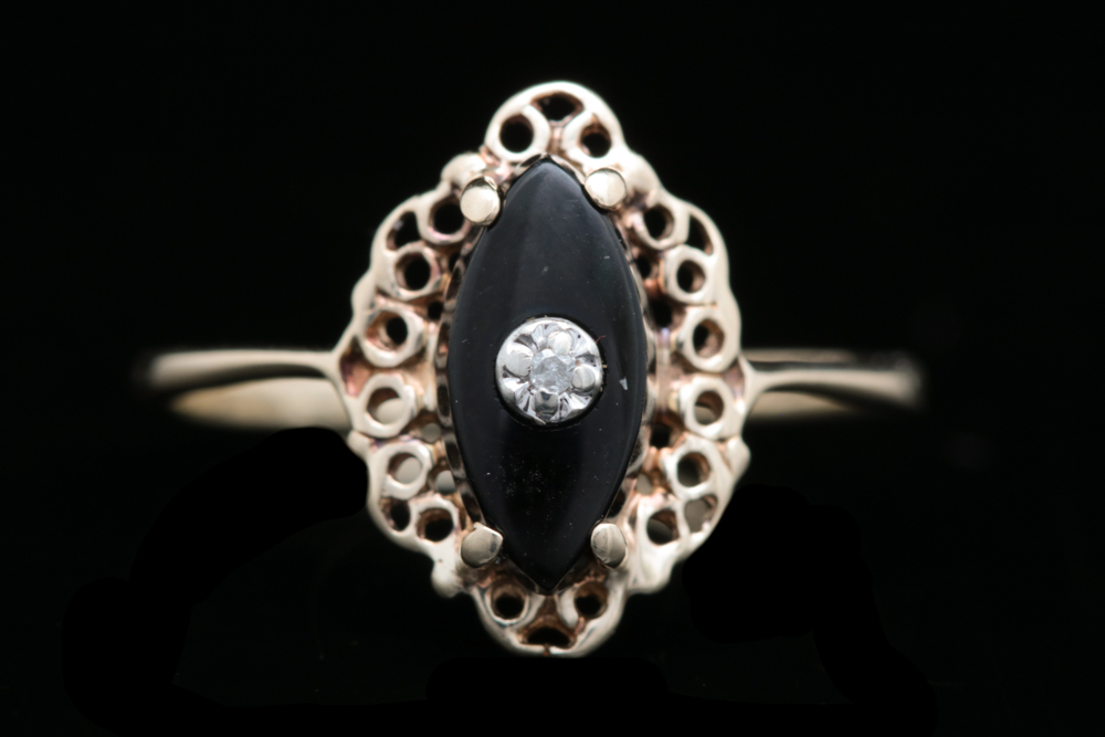 10K Yellow Gold, Onyx and Diamond Ring