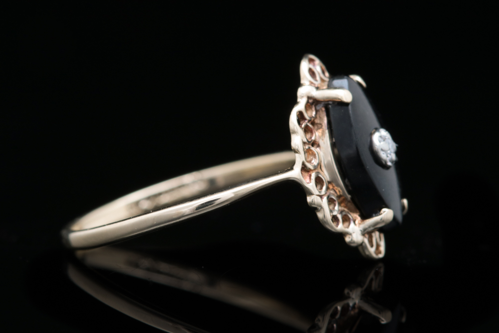 10K Yellow Gold, Onyx and Diamond Ring