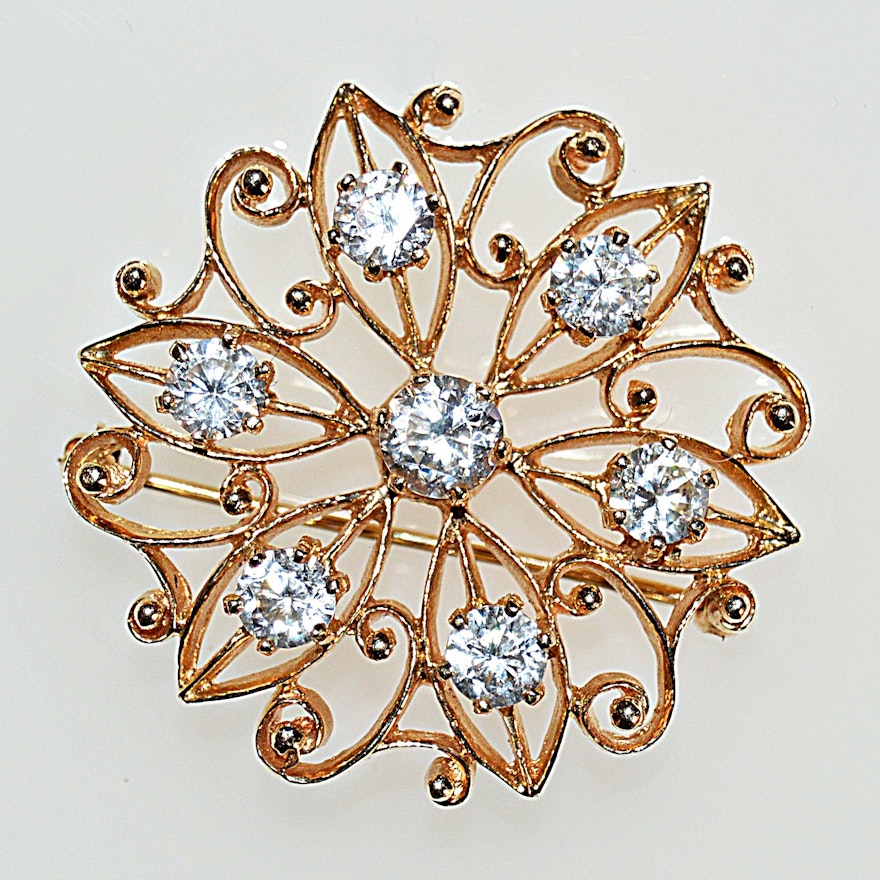 14K Yellow Gold and White Zircon Openwork Pinwheel Brooch