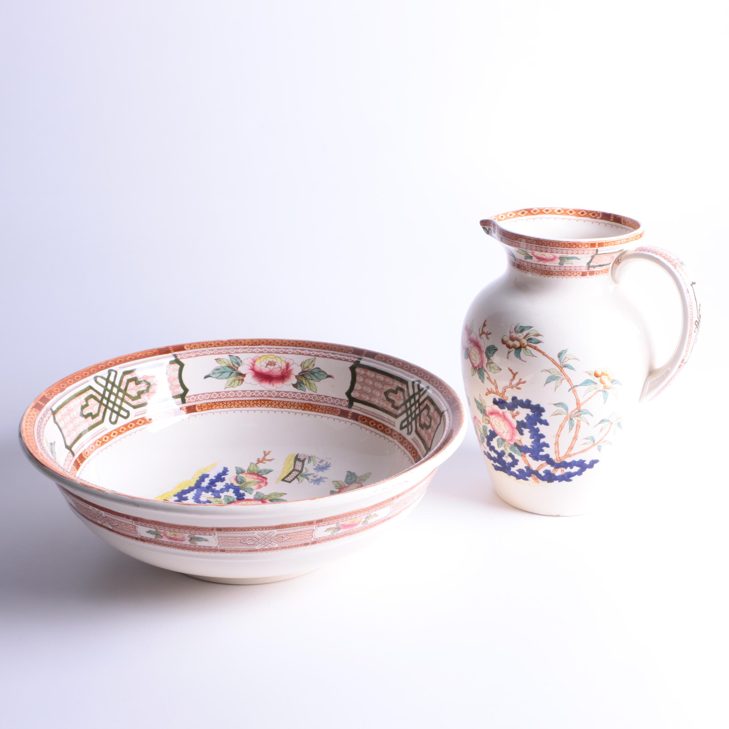 Antique Furnivals "Cashmere" Pitcher, Basin, and Shaving Set