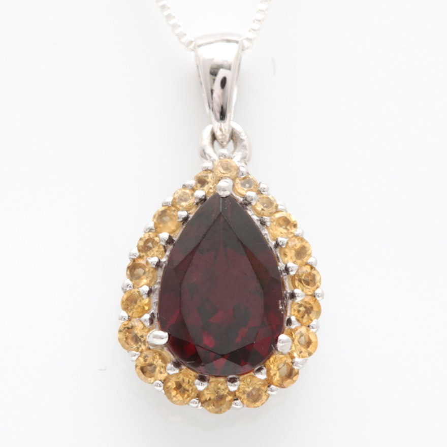 Sterling Silver, Garnet and Citrine Pendant with Chain