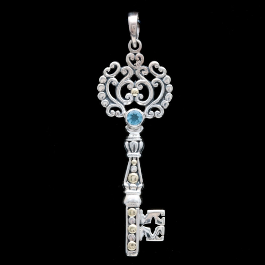 Sterling Silver, 18K Yellow Gold and Blue Topaz Key Pendant