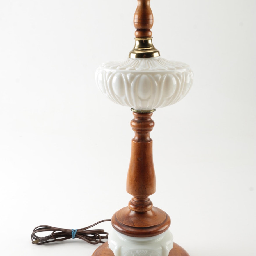 Vintage Turned Wood Table Lamp with Milk Glass Accents