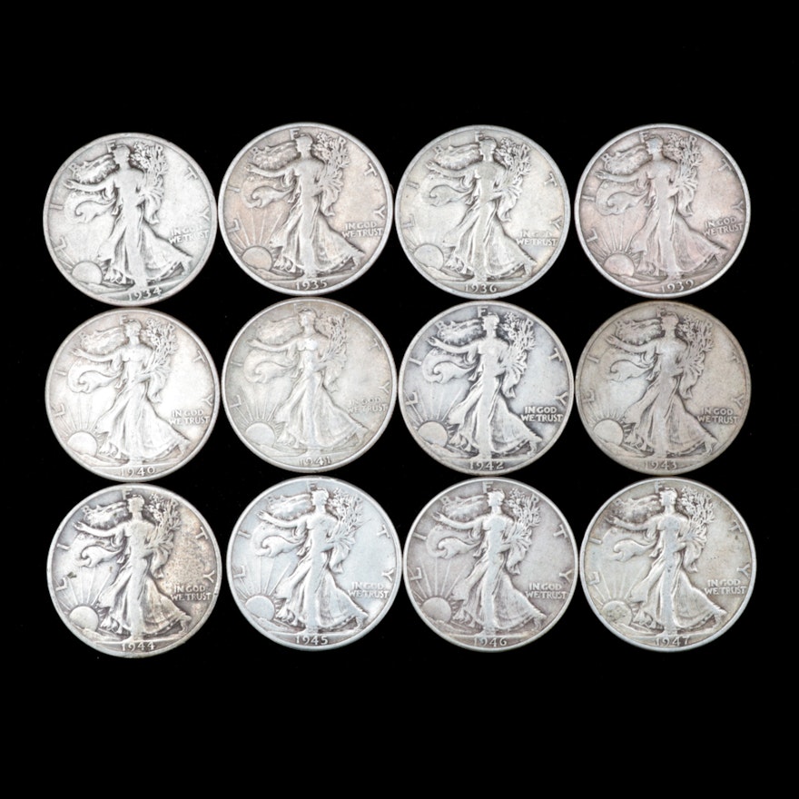 Twelve Walking Liberty Silver Half Dollars