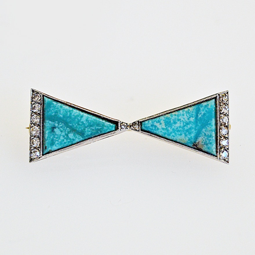 Art Deco 14K White Gold, Diamond and Turquoise Bow Tie Brooch