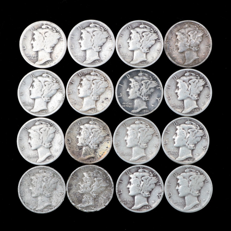 Sixteen Mercury Silver Dimes