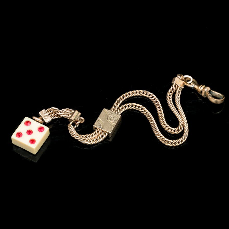 Antique Victorian Gold-Filled Watch Slide Chain with Dice Charm