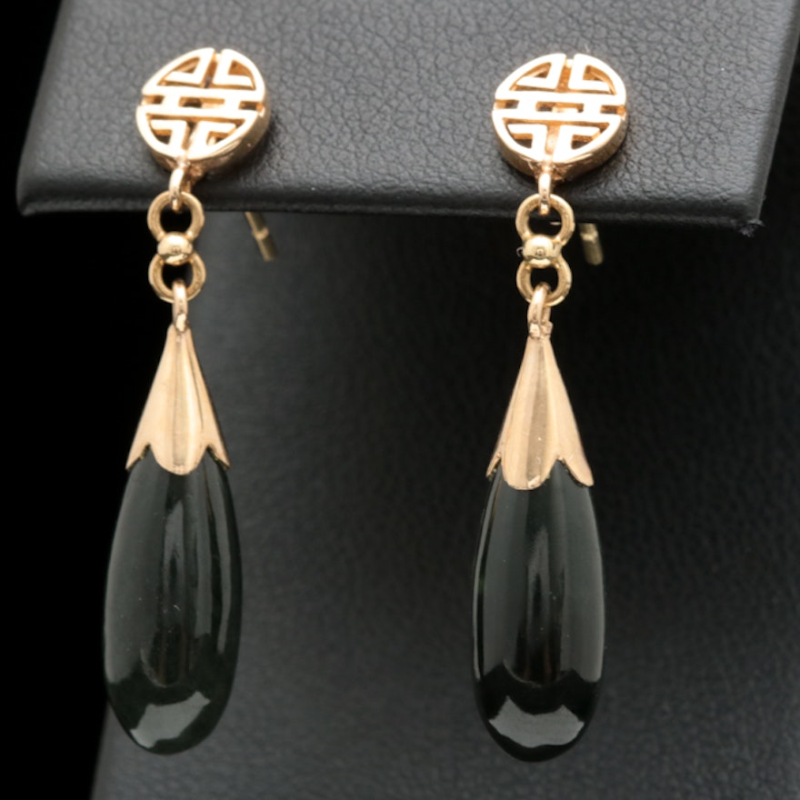 14K Yellow Gold and Black Jadeite Dangle Earrings