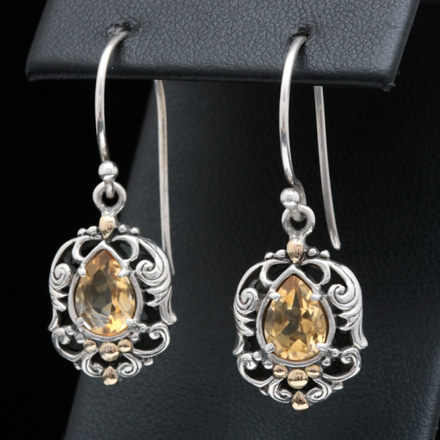 Robert Manse Sterling Silver, 18K Yellow Gold and Citrine Dangle Earrings
