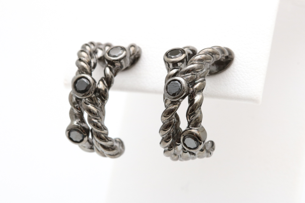 Black Rhodium Plated Sterling Silver and Black Crystal Half Hoop Earrings