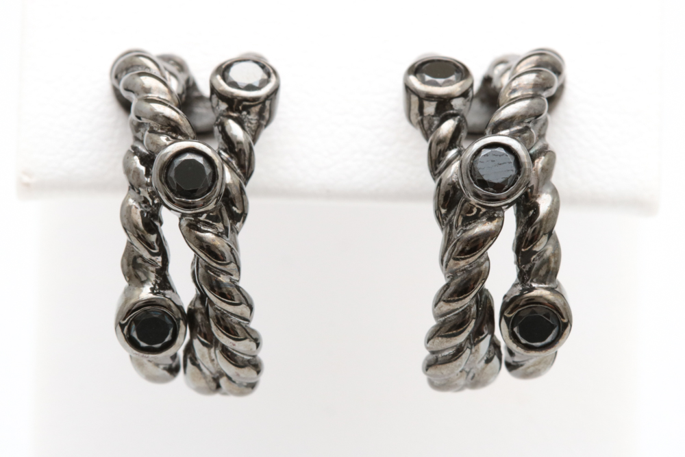 Black Rhodium Plated Sterling Silver and Black Crystal Half Hoop Earrings