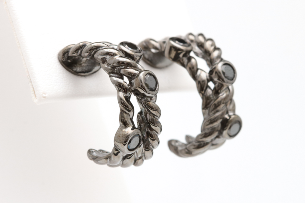 Black Rhodium Plated Sterling Silver and Black Crystal Half Hoop Earrings