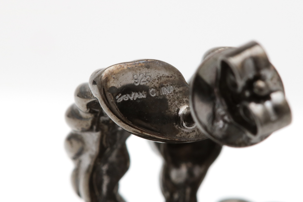 Black Rhodium Plated Sterling Silver and Black Crystal Half Hoop Earrings