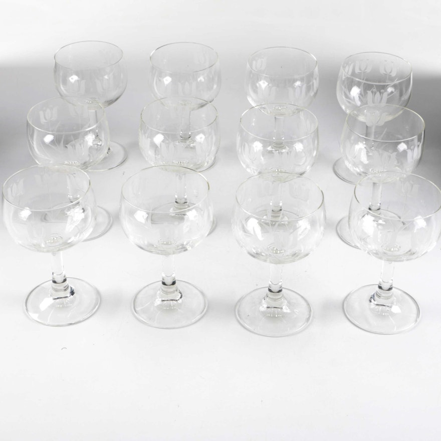 Twelve Tulip Etched Wine Glasses