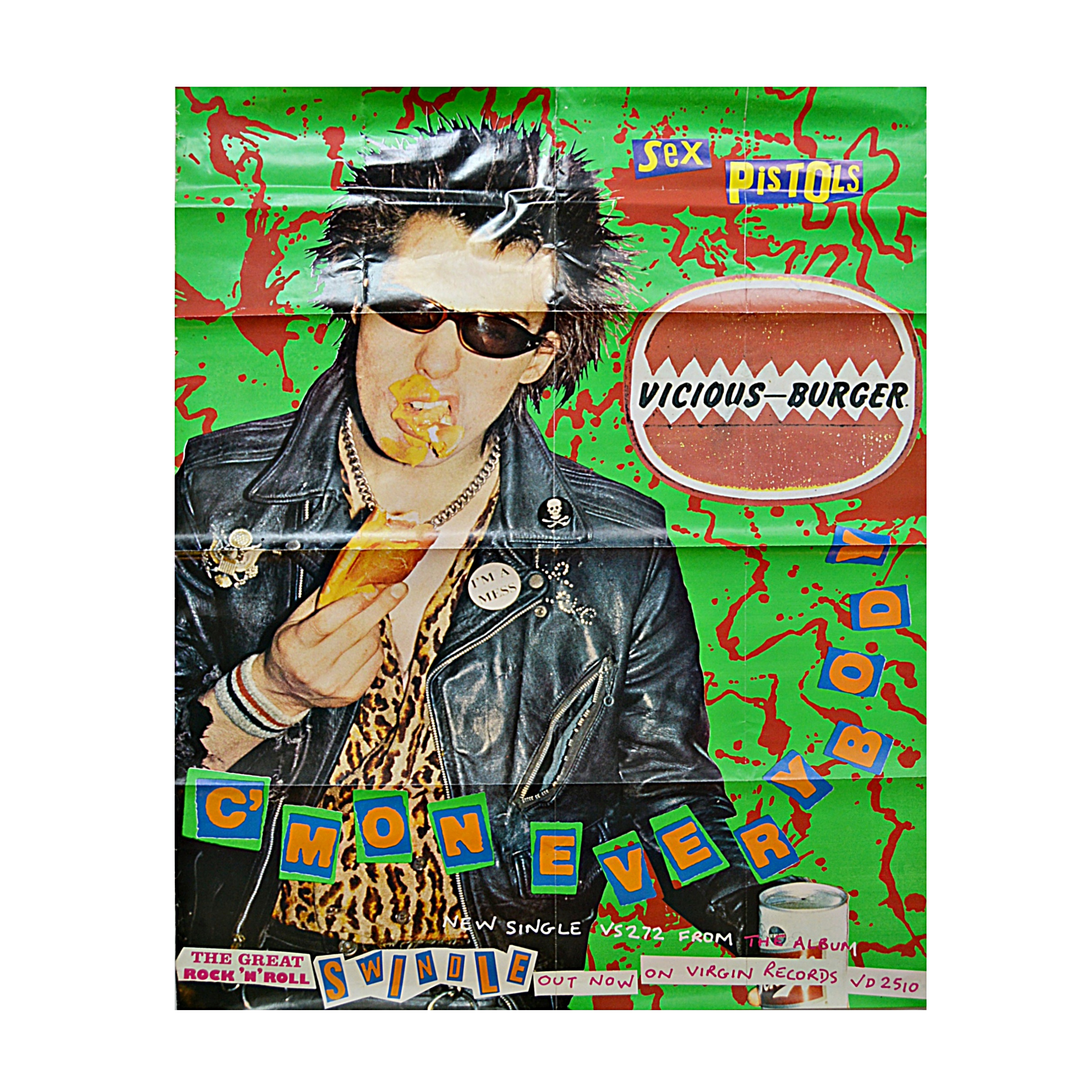 Original Jamie Reid-Designed 1970s Sex Pistols "Vicious Burgers" Poster