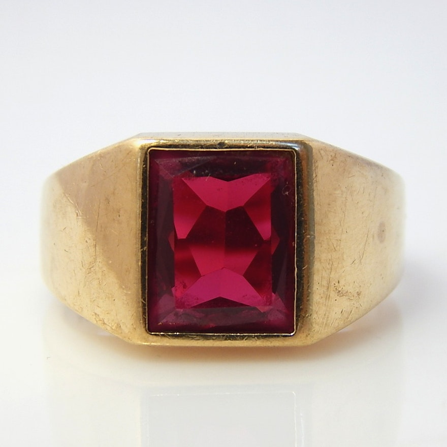 10K Yellow Gold Synthetic Ruby Ring