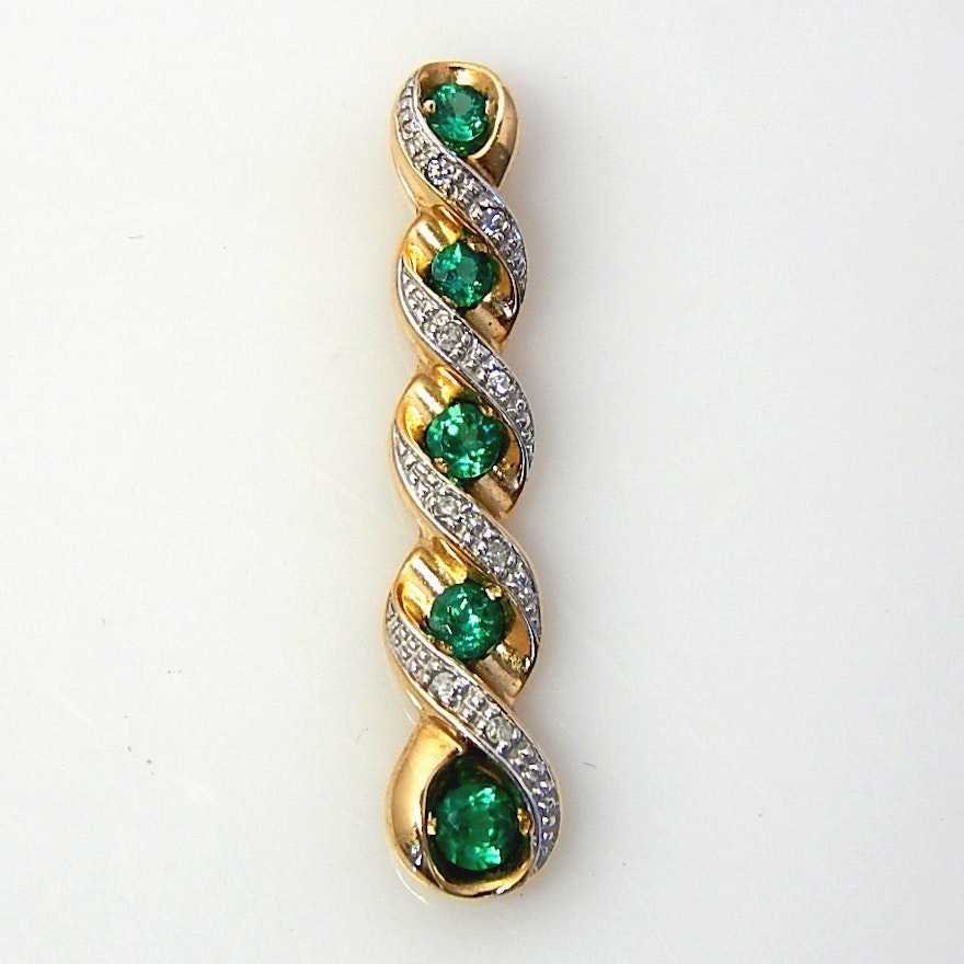 10K Yellow Gold Synthetic Emerald and Diamond Drop Pendant