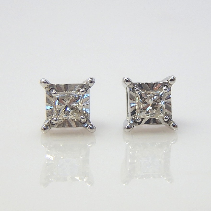 10K White Gold Princess Cut Diamond Stud Earrings