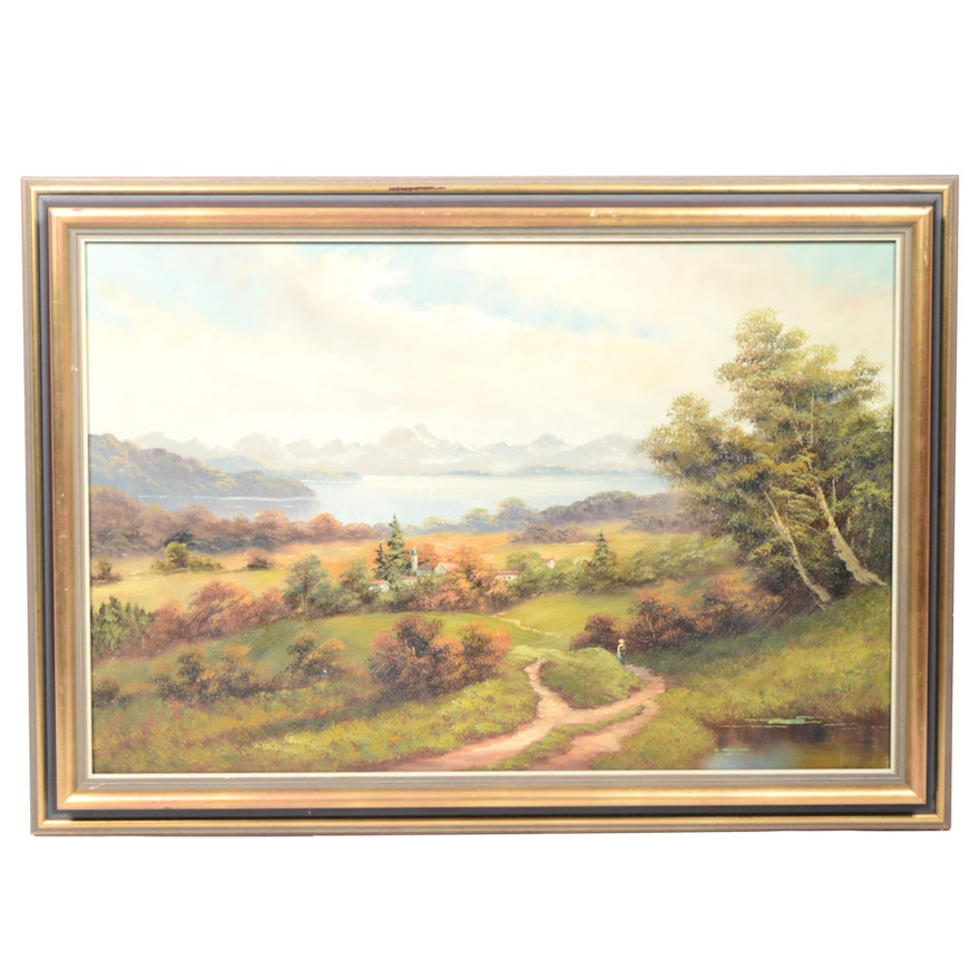 Signed Oil on Canvas Impressionist Style Countryside Landscape Painting